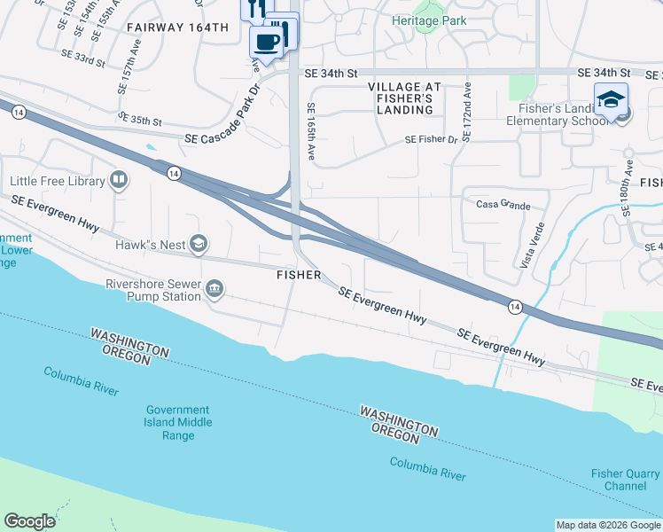 map of restaurants, bars, coffee shops, grocery stores, and more near 16450 Southeast Evergreen Highway in Vancouver