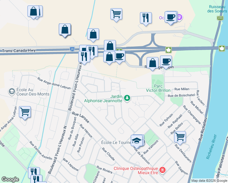 map of restaurants, bars, coffee shops, grocery stores, and more near 134 Rue Rémi-Dansereau in Beloeil