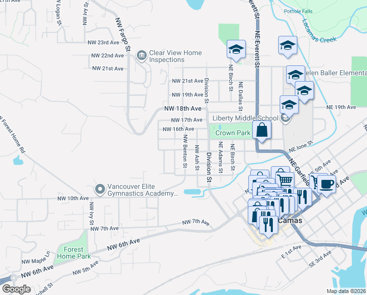 map of restaurants, bars, coffee shops, grocery stores, and more near 303 Northwest 14th Avenue in Camas
