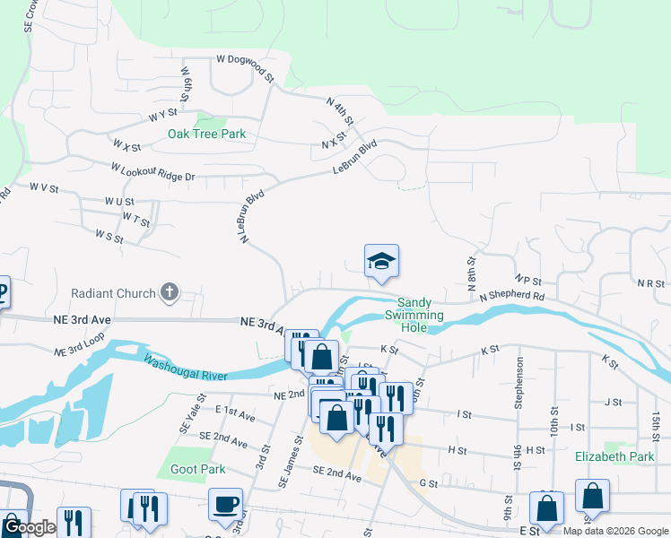 map of restaurants, bars, coffee shops, grocery stores, and more near 321 Shipherd Falls Road in Washougal