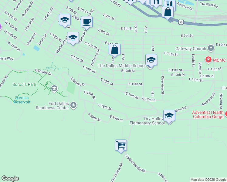 map of restaurants, bars, coffee shops, grocery stores, and more near 909 East Scenic Drive in The Dalles