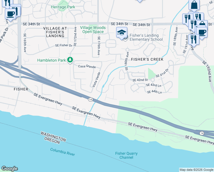map of restaurants, bars, coffee shops, grocery stores, and more near 4310 Southeast 178th Place in Vancouver