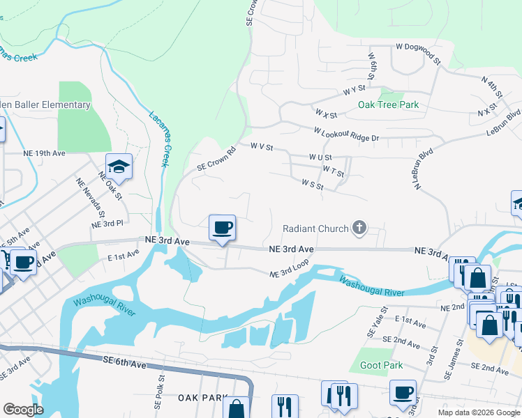 map of restaurants, bars, coffee shops, grocery stores, and more near 2193 Northeast 3rd Avenue in Camas