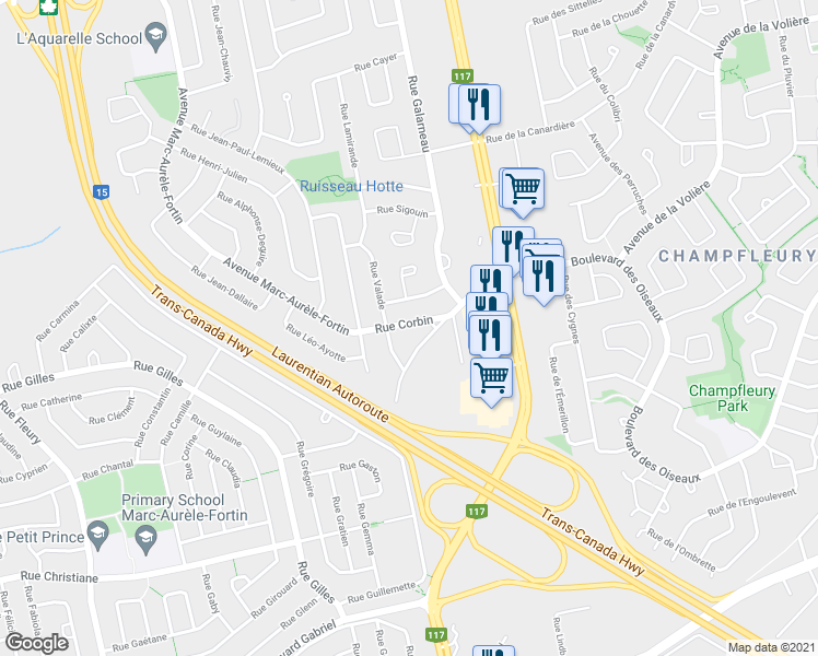 map of restaurants, bars, coffee shops, grocery stores, and more near 360 Rue Corbin in Laval