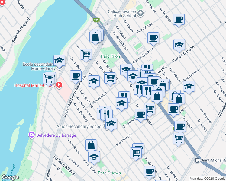 map of restaurants, bars, coffee shops, grocery stores, and more near 3860 Rue Martial in Montréal