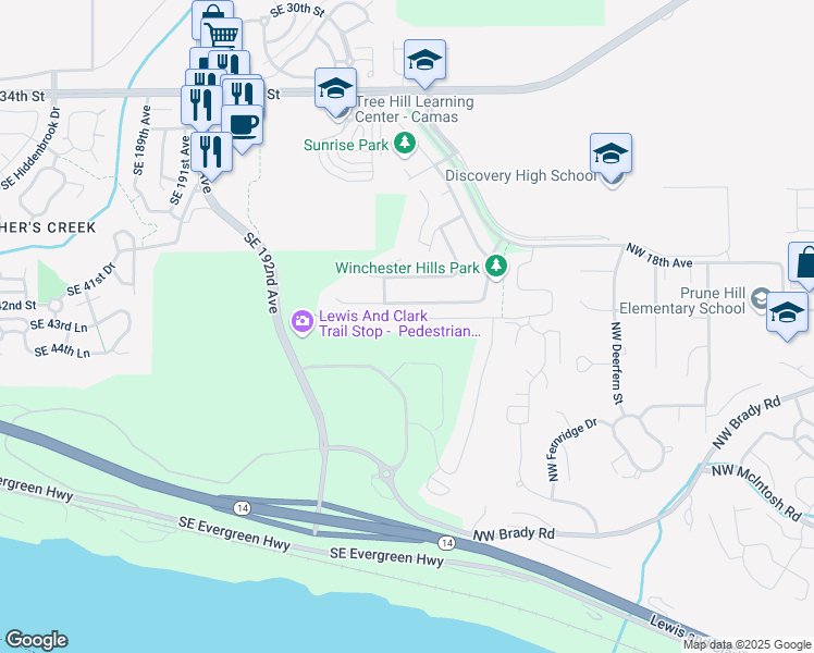 map of restaurants, bars, coffee shops, grocery stores, and more near 19603 Southeast 42nd Street in Camas