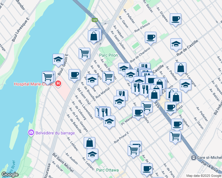 map of restaurants, bars, coffee shops, grocery stores, and more near 3860 Rue Martial in Montréal
