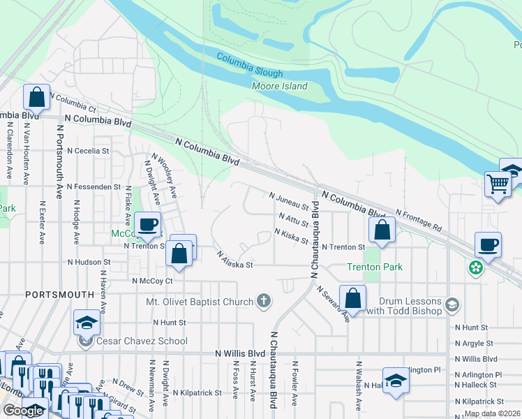 map of restaurants, bars, coffee shops, grocery stores, and more near 4029 North Attu Street in Portland
