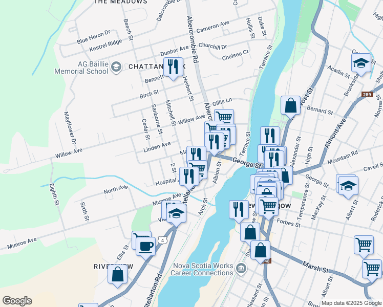 map of restaurants, bars, coffee shops, grocery stores, and more near 62 Maple Avenue in New Glasgow