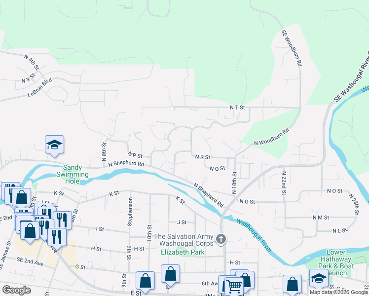 map of restaurants, bars, coffee shops, grocery stores, and more near 1345 North R Street in Washougal