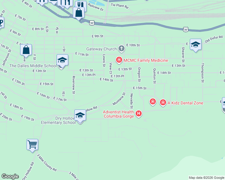map of restaurants, bars, coffee shops, grocery stores, and more near East 18th Street in The Dalles