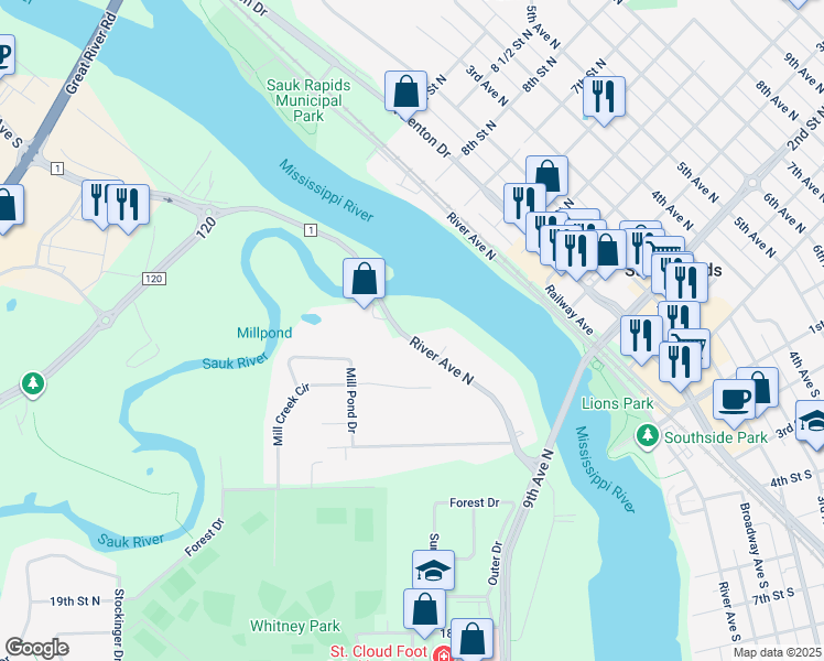 map of restaurants, bars, coffee shops, grocery stores, and more near 32268 County Road 1 in St. Cloud