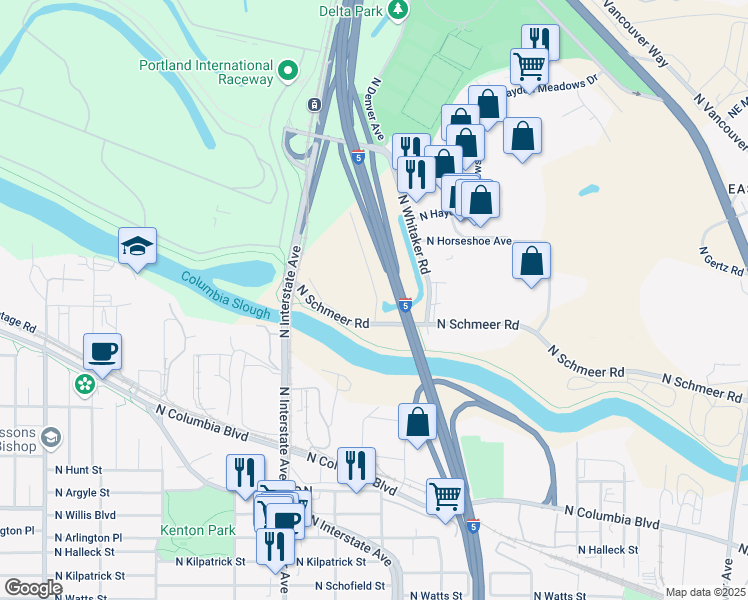 map of restaurants, bars, coffee shops, grocery stores, and more near 1501 North Schmeer Road in Portland