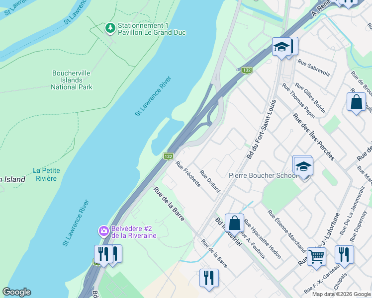 map of restaurants, bars, coffee shops, grocery stores, and more near 200 Boulevard Marie-Victorin in Boucherville