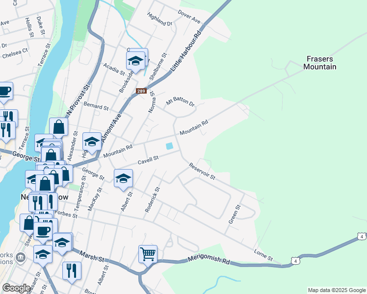 map of restaurants, bars, coffee shops, grocery stores, and more near 166 Reservoir Street in New Glasgow