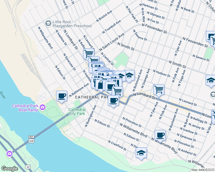 map of restaurants, bars, coffee shops, grocery stores, and more near 7518 North Burlington Avenue in Portland
