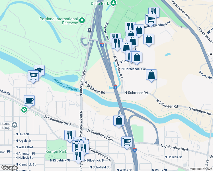 map of restaurants, bars, coffee shops, grocery stores, and more near Interstate 5 in Portland