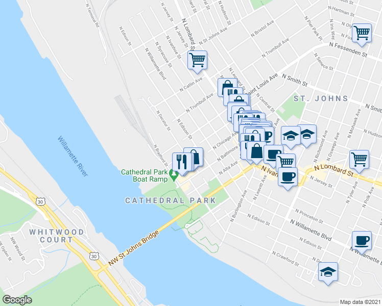 map of restaurants, bars, coffee shops, grocery stores, and more near 9005 North Edison Street in Portland