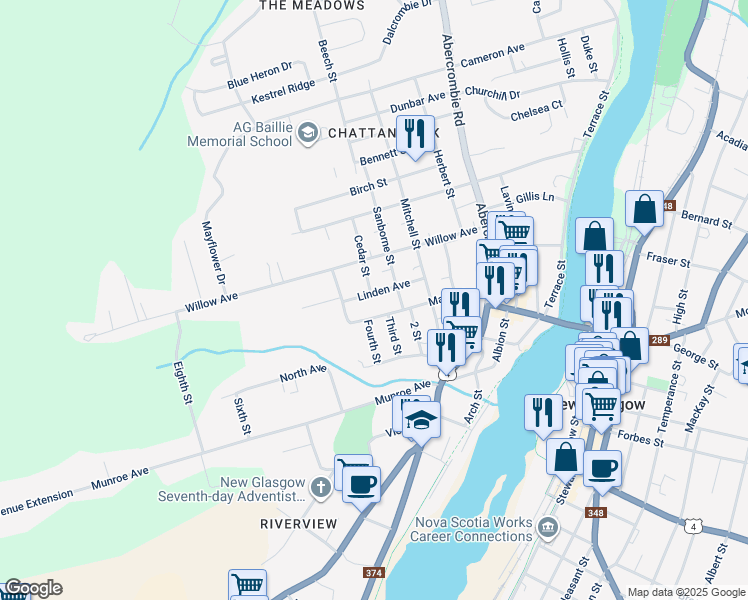 map of restaurants, bars, coffee shops, grocery stores, and more near 196 Linden Avenue in New Glasgow