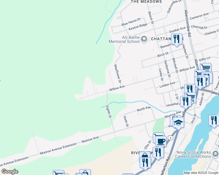 map of restaurants, bars, coffee shops, grocery stores, and more near 445 Willow Avenue in New Glasgow