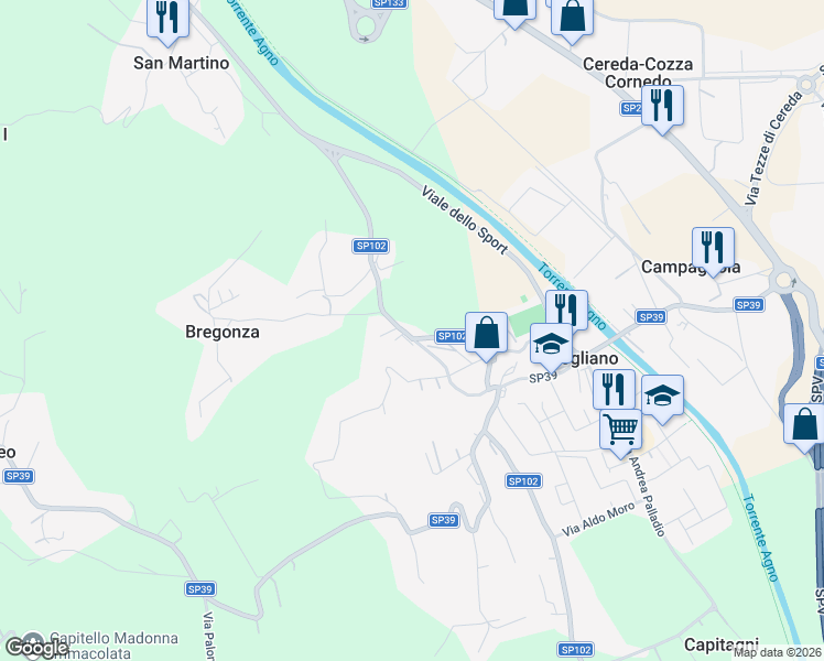 map of restaurants, bars, coffee shops, grocery stores, and more near 1 Via Bregonza in Brogliano