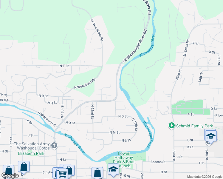 map of restaurants, bars, coffee shops, grocery stores, and more near 2460 North S Street in Washougal