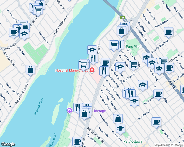 map of restaurants, bars, coffee shops, grocery stores, and more near 3530 Boulevard Gouin Est in Montréal