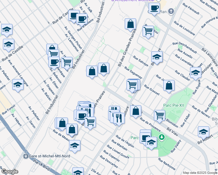 map of restaurants, bars, coffee shops, grocery stores, and more near 9303 Boulevard Viau in Montréal