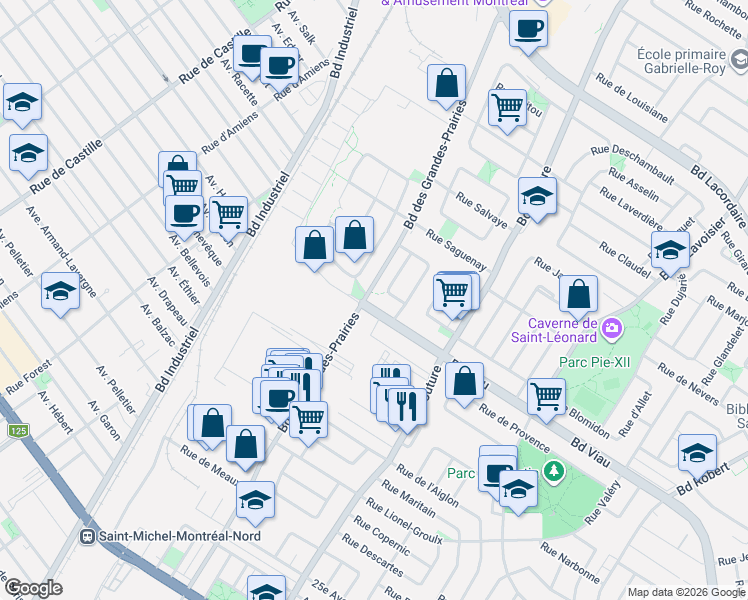 map of restaurants, bars, coffee shops, grocery stores, and more near 9303 Boulevard Viau in Montréal