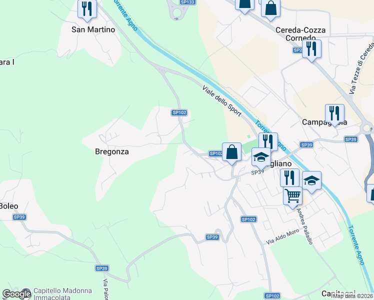 map of restaurants, bars, coffee shops, grocery stores, and more near 1 Via Bregonza in Brogliano