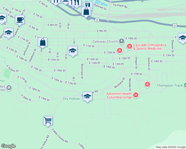 map of restaurants, bars, coffee shops, grocery stores, and more near 1422 East 14th Street in The Dalles