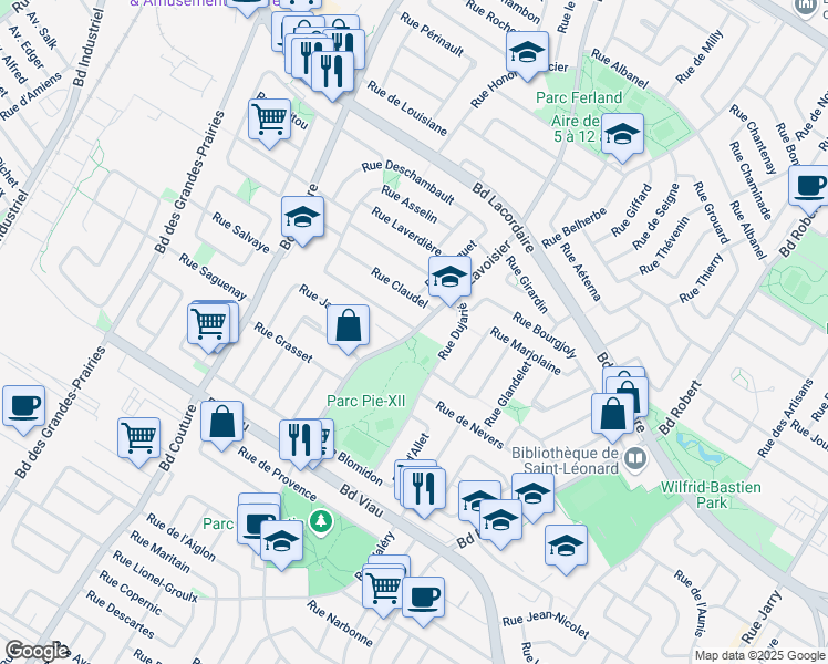 map of restaurants, bars, coffee shops, grocery stores, and more near 5275 Boulevard Lavoisier in Montreal