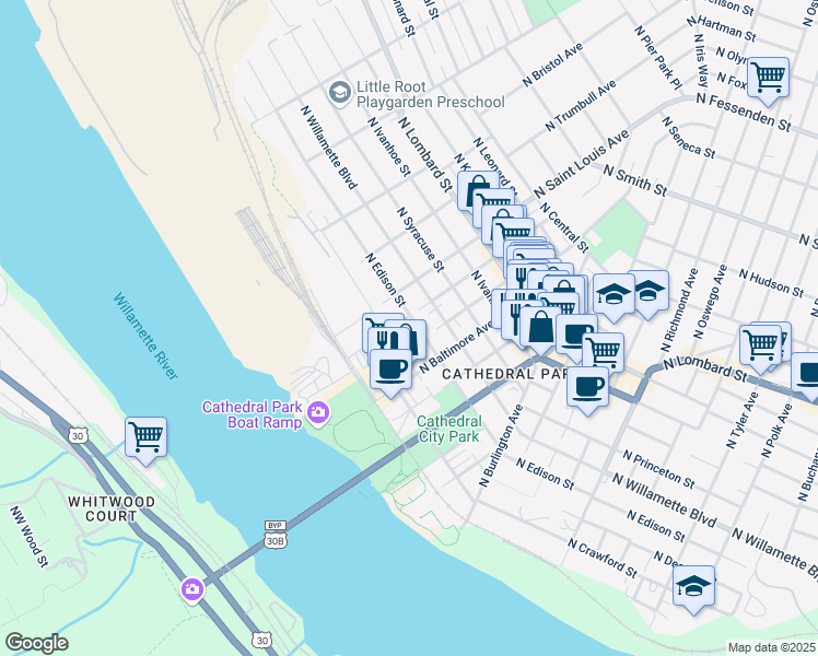 map of restaurants, bars, coffee shops, grocery stores, and more near 8926 North Edison Street in Portland