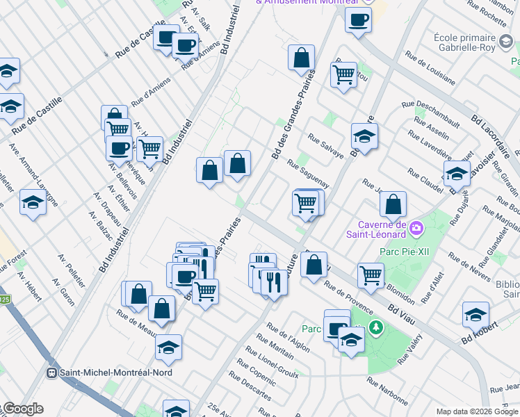 map of restaurants, bars, coffee shops, grocery stores, and more near 5025 Rue Antonino-Spada in Montréal