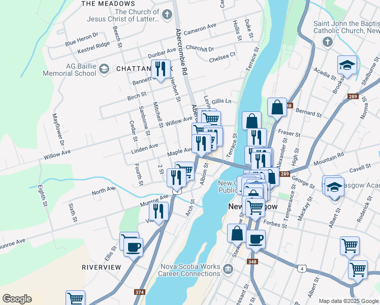 map of restaurants, bars, coffee shops, grocery stores, and more near 36 Maple Avenue in New Glasgow