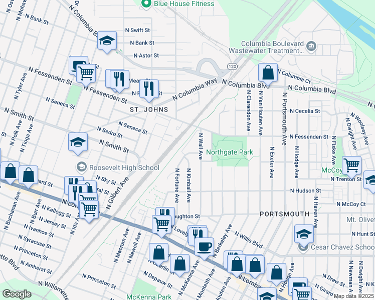 map of restaurants, bars, coffee shops, grocery stores, and more near 9416 North Macrum Avenue in Portland