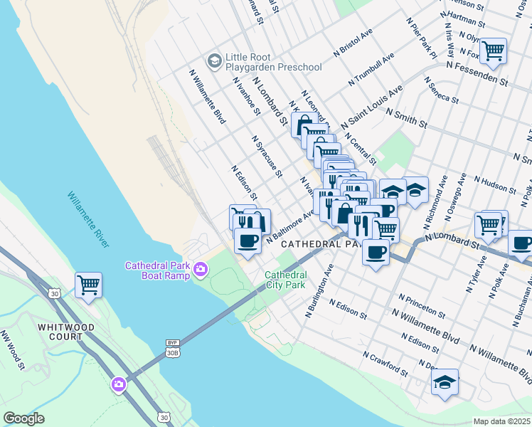 map of restaurants, bars, coffee shops, grocery stores, and more near 9005 North Edison Street in Portland