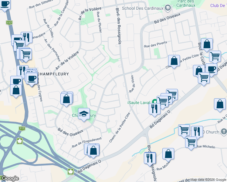 map of restaurants, bars, coffee shops, grocery stores, and more near 2468 Rue du Vanneau in Laval