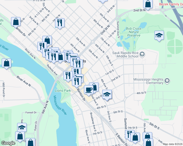 map of restaurants, bars, coffee shops, grocery stores, and more near 30 4th Avenue South in Sauk Rapids