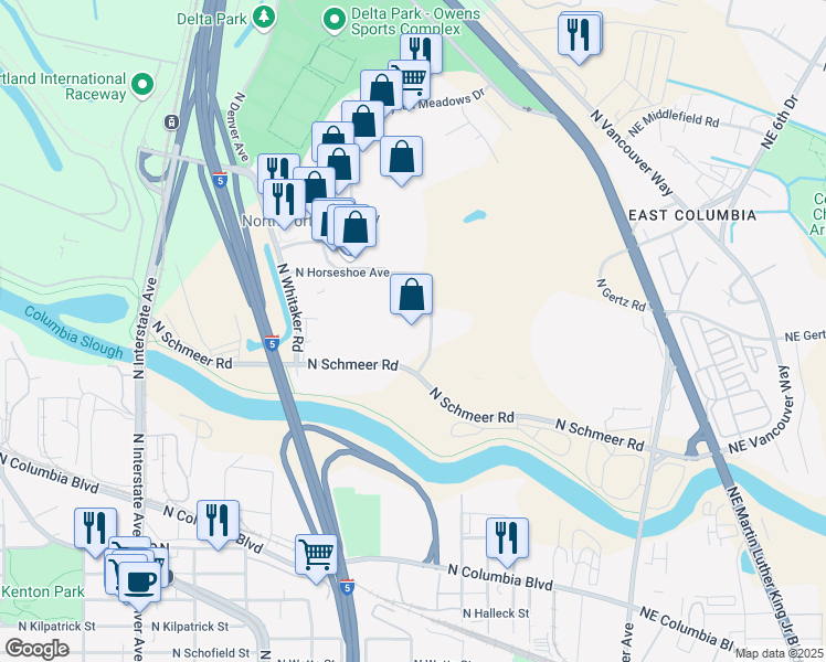 map of restaurants, bars, coffee shops, grocery stores, and more near 1001 North Schmeer Road in Portland