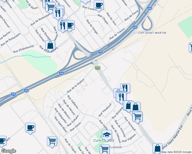 map of restaurants, bars, coffee shops, grocery stores, and more near 1544 Boulevard des Laurentides in Laval