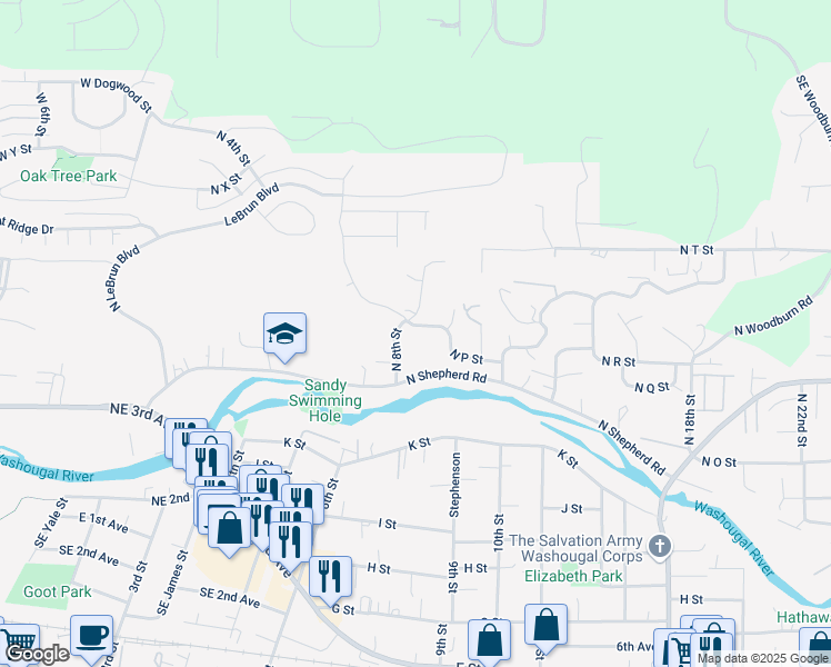 map of restaurants, bars, coffee shops, grocery stores, and more near 793 North R Street in Washougal
