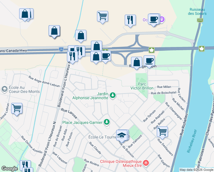 map of restaurants, bars, coffee shops, grocery stores, and more near 26 Rue Rémi-Dansereau in Beloeil
