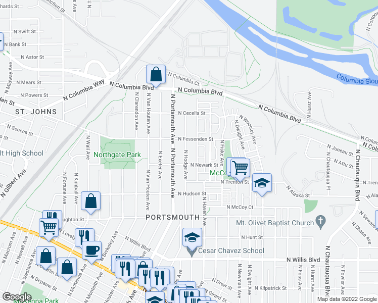 map of restaurants, bars, coffee shops, grocery stores, and more near 9350 North Hodge Avenue in Portland