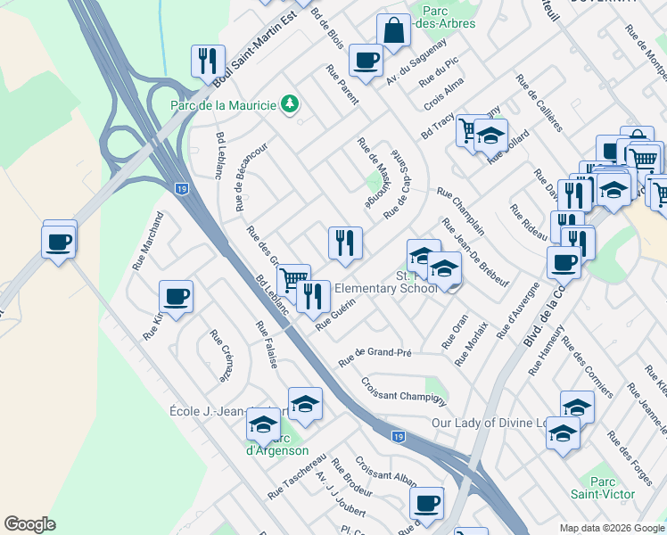 map of restaurants, bars, coffee shops, grocery stores, and more near 2152 Rue de Mékinac in Laval