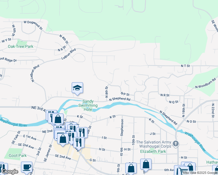 map of restaurants, bars, coffee shops, grocery stores, and more near 800 North P Street in Washougal