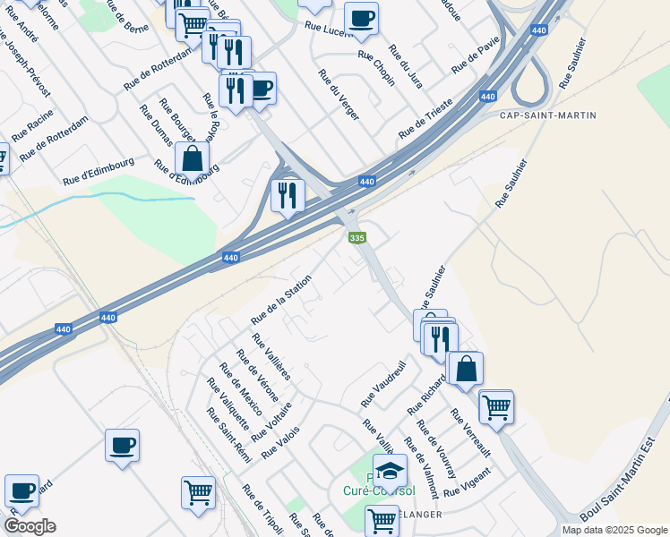 map of restaurants, bars, coffee shops, grocery stores, and more near 1545 Rue Daniel in Laval