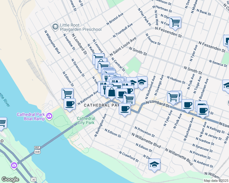 map of restaurants, bars, coffee shops, grocery stores, and more near 8759 North Lombard Street in Portland