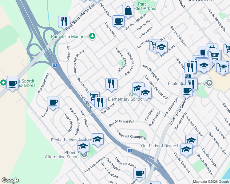 map of restaurants, bars, coffee shops, grocery stores, and more near 2215 Boulevard de Blois in Laval