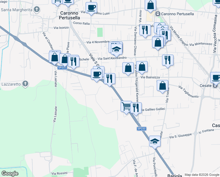 map of restaurants, bars, coffee shops, grocery stores, and more near SP233 in Provincia di Varese
